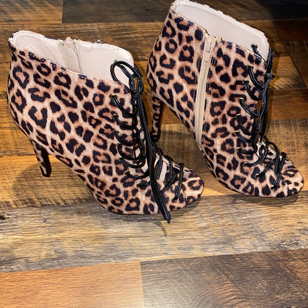 Leopard print open toe boots. Size 10 worn one time.